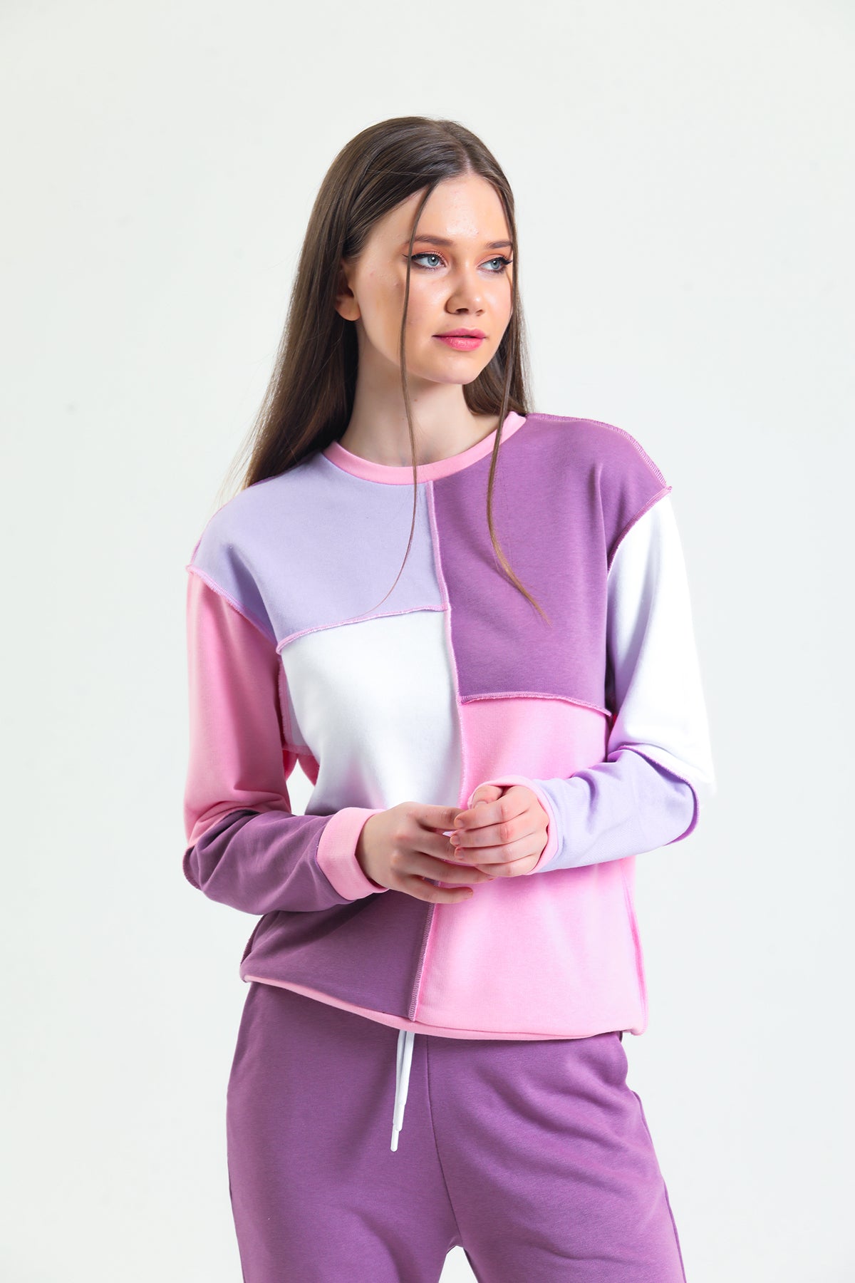 Pembe Basic Parçalı Patchwork Sweatshirt