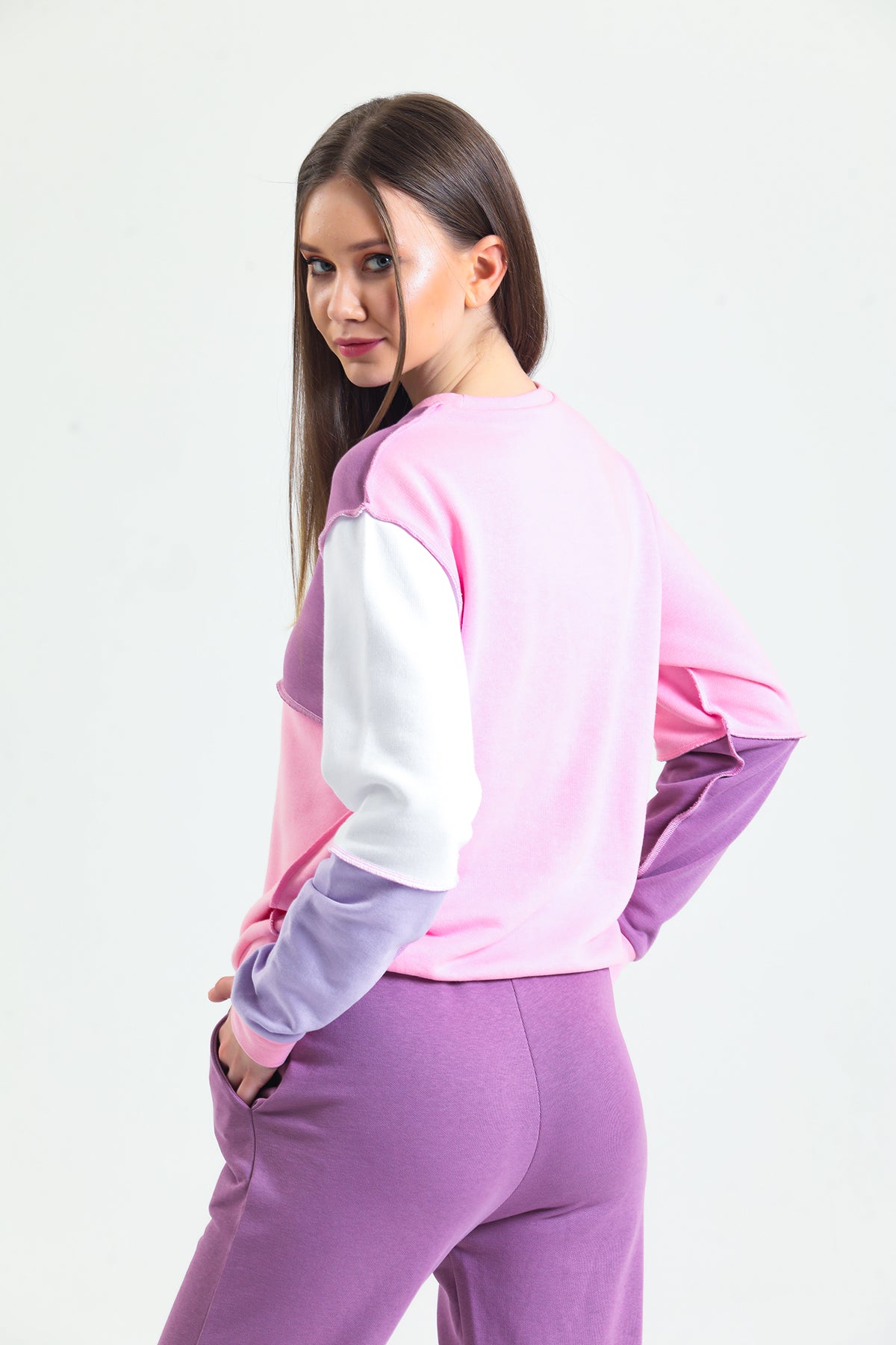 Pembe Basic Parçalı Patchwork Sweatshirt