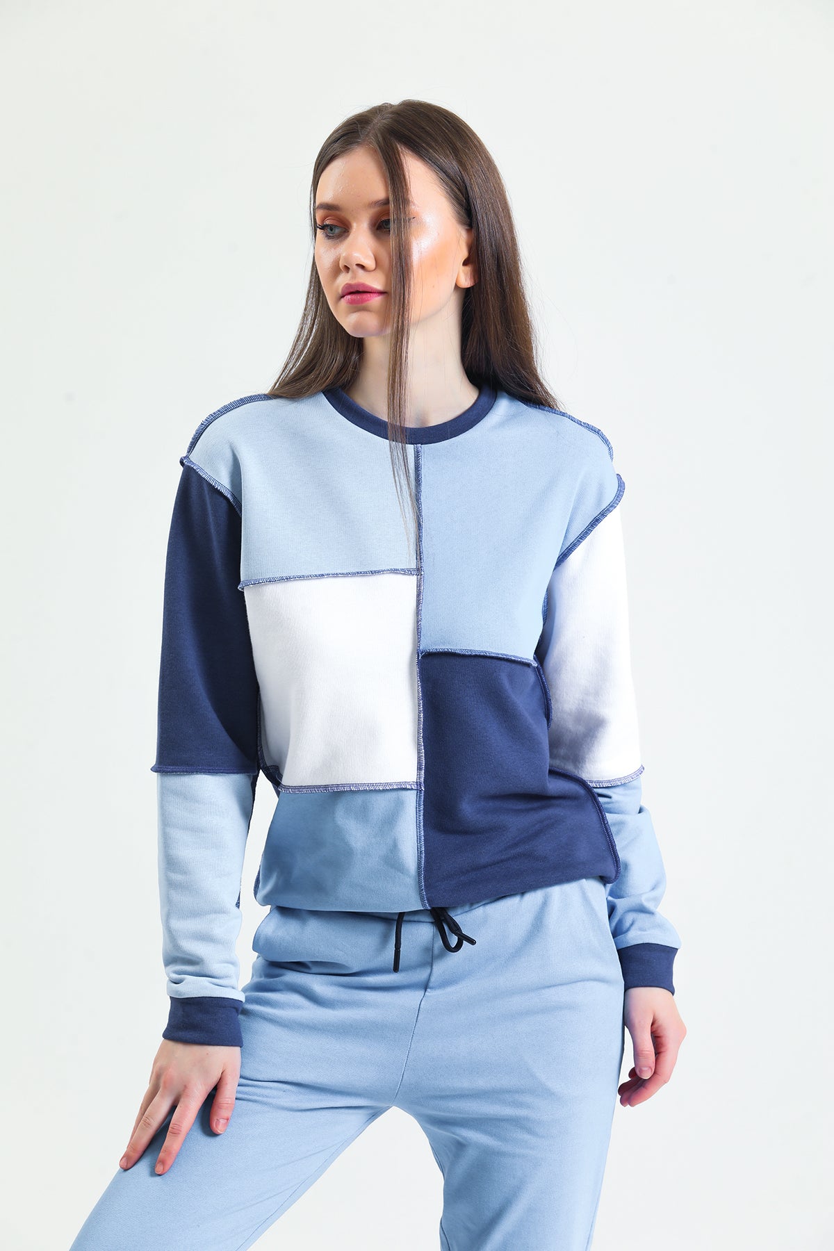 Lacivert Basic Parçalı Patchwork Sweatshirt