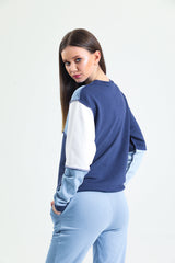 Lacivert Basic Parçalı Patchwork Sweatshirt