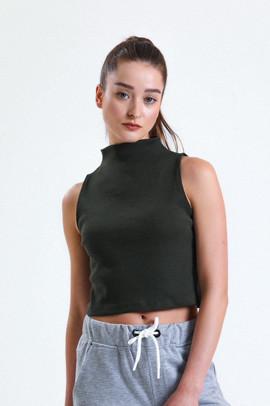 Haki Yarım Balıkçı Yaka Fitilli Crop Atlet