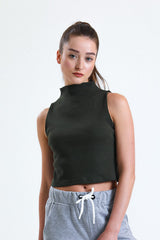 Haki Yarım Balıkçı Yaka Fitilli Crop Atlet