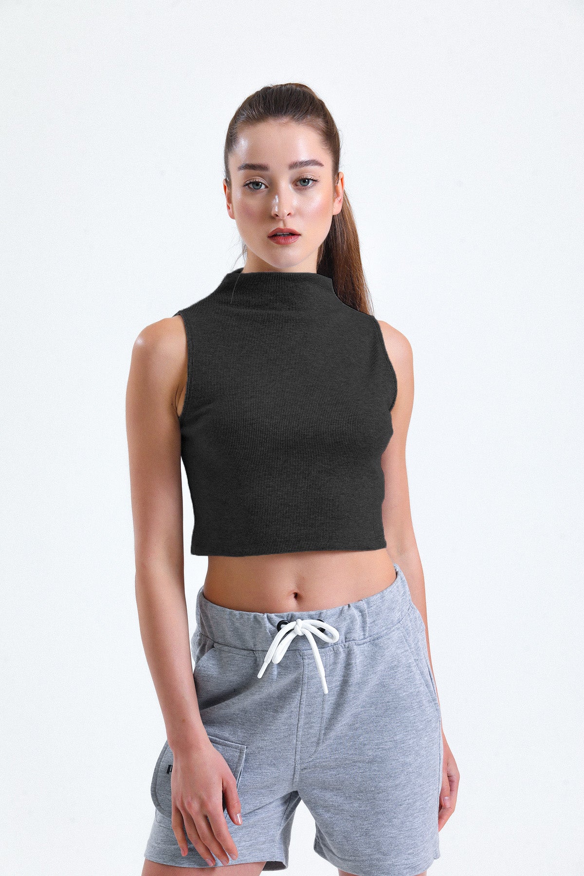 Antrasit Melanj Yarım Balıkçı Yaka Fitilli Crop Atlet