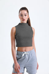 Koyu Gri Melanj Yarım Balıkçı Yaka Fitilli Crop Atlet