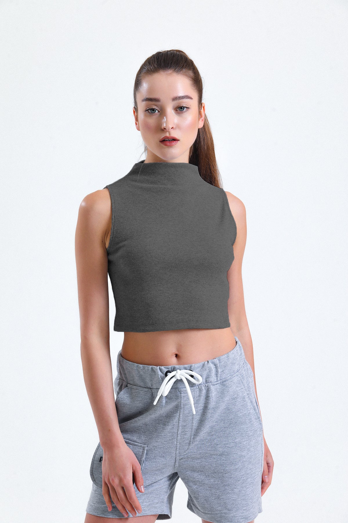 Koyu Gri Melanj Yarım Balıkçı Yaka Fitilli Crop Atlet