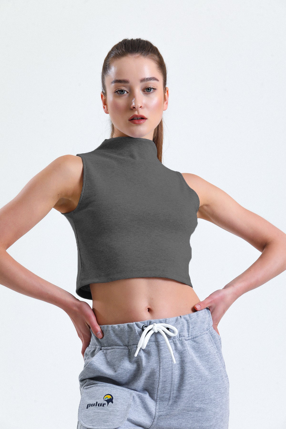 Koyu Gri Melanj Yarım Balıkçı Yaka Fitilli Crop Atlet