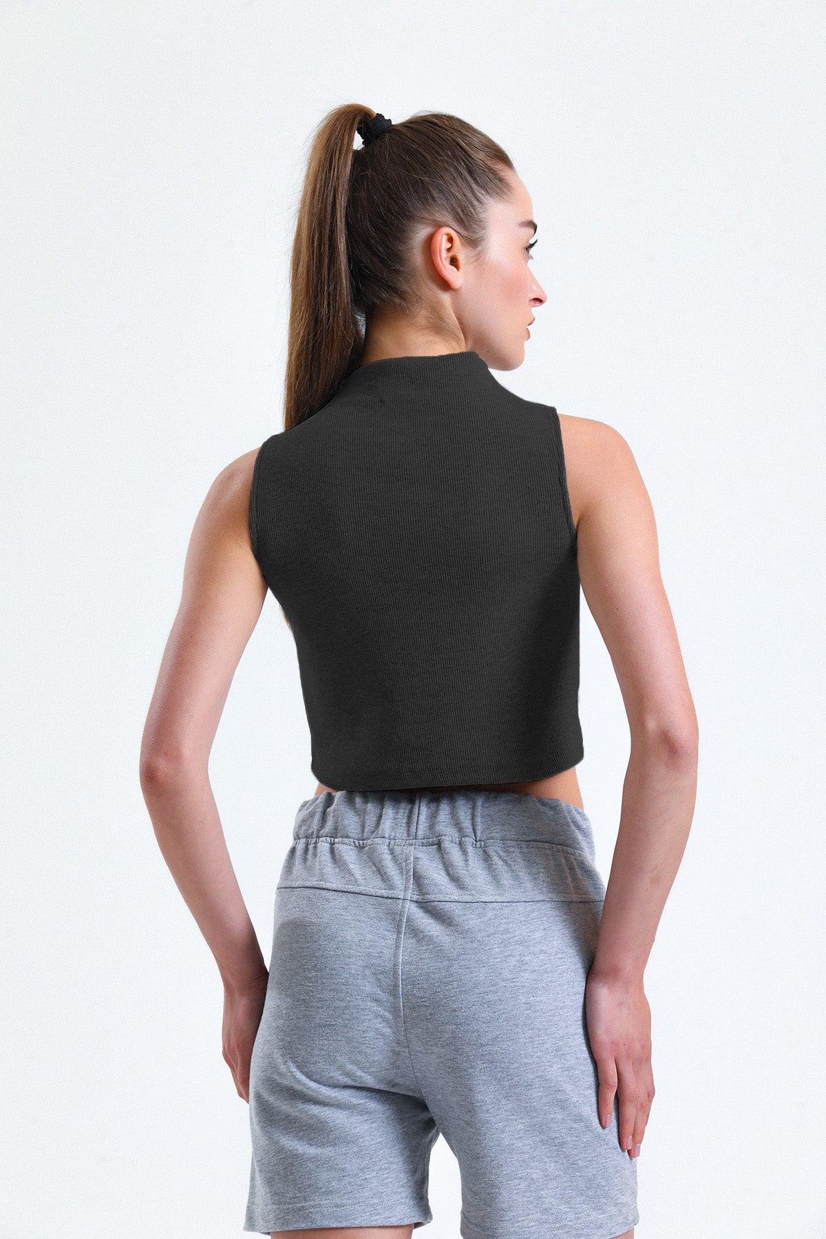 Antrasit Melanj Yarım Balıkçı Yaka Fitilli Crop Atlet