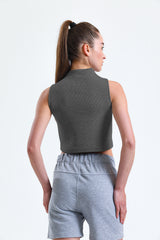 Koyu Gri Melanj Yarım Balıkçı Yaka Fitilli Crop Atlet