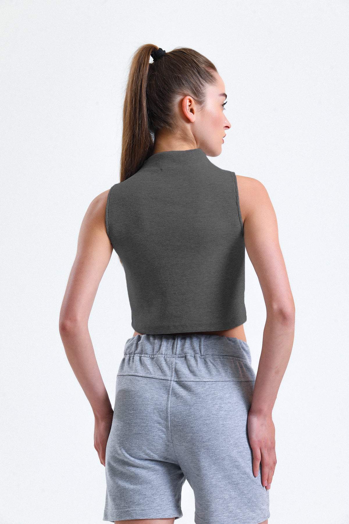 Koyu Gri Melanj Yarım Balıkçı Yaka Fitilli Crop Atlet