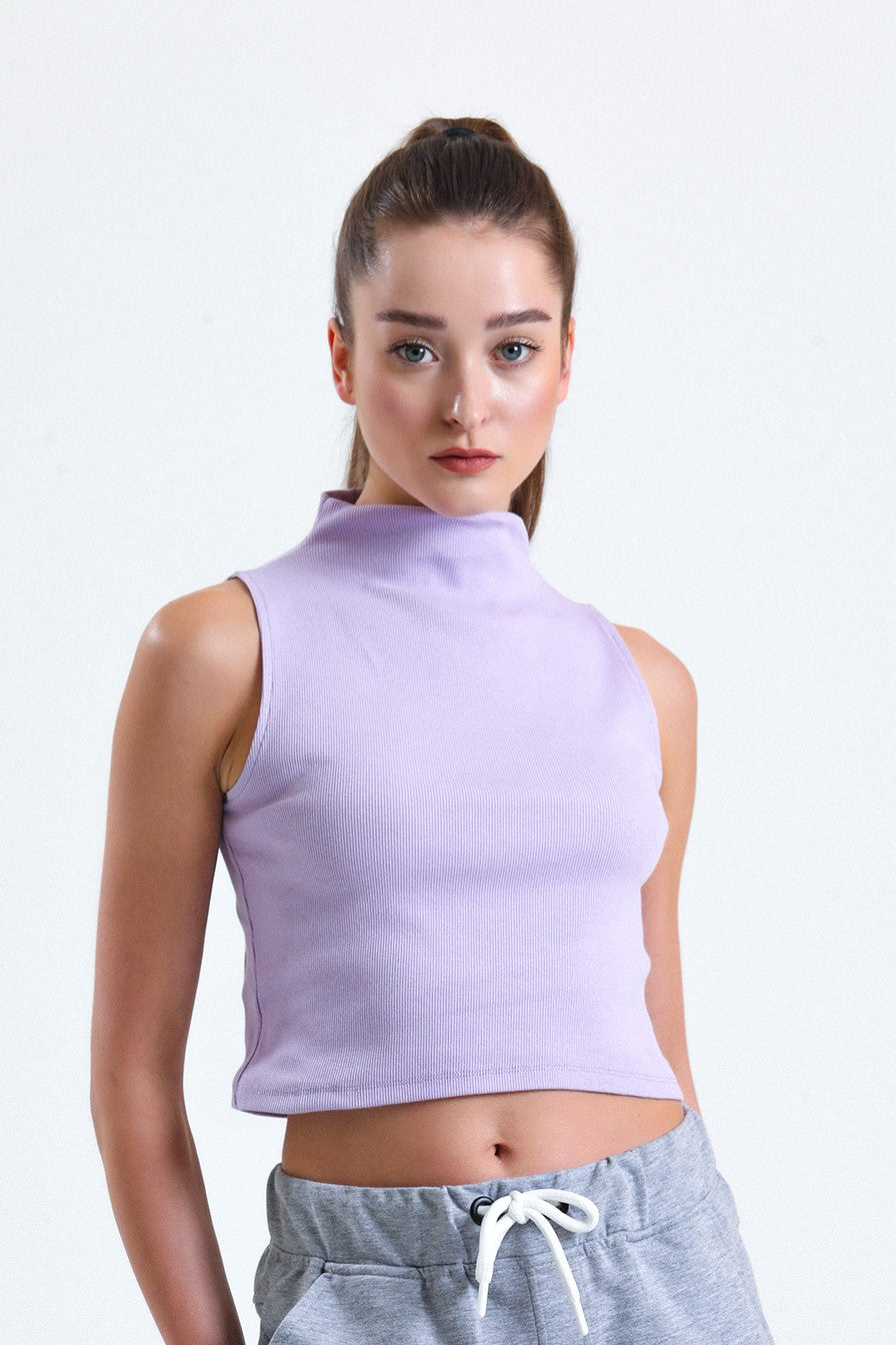 Lila Yarım Balıkçı Yaka Fitilli Crop Atlet
