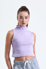Lila Yarım Balıkçı Yaka Fitilli Crop Atlet