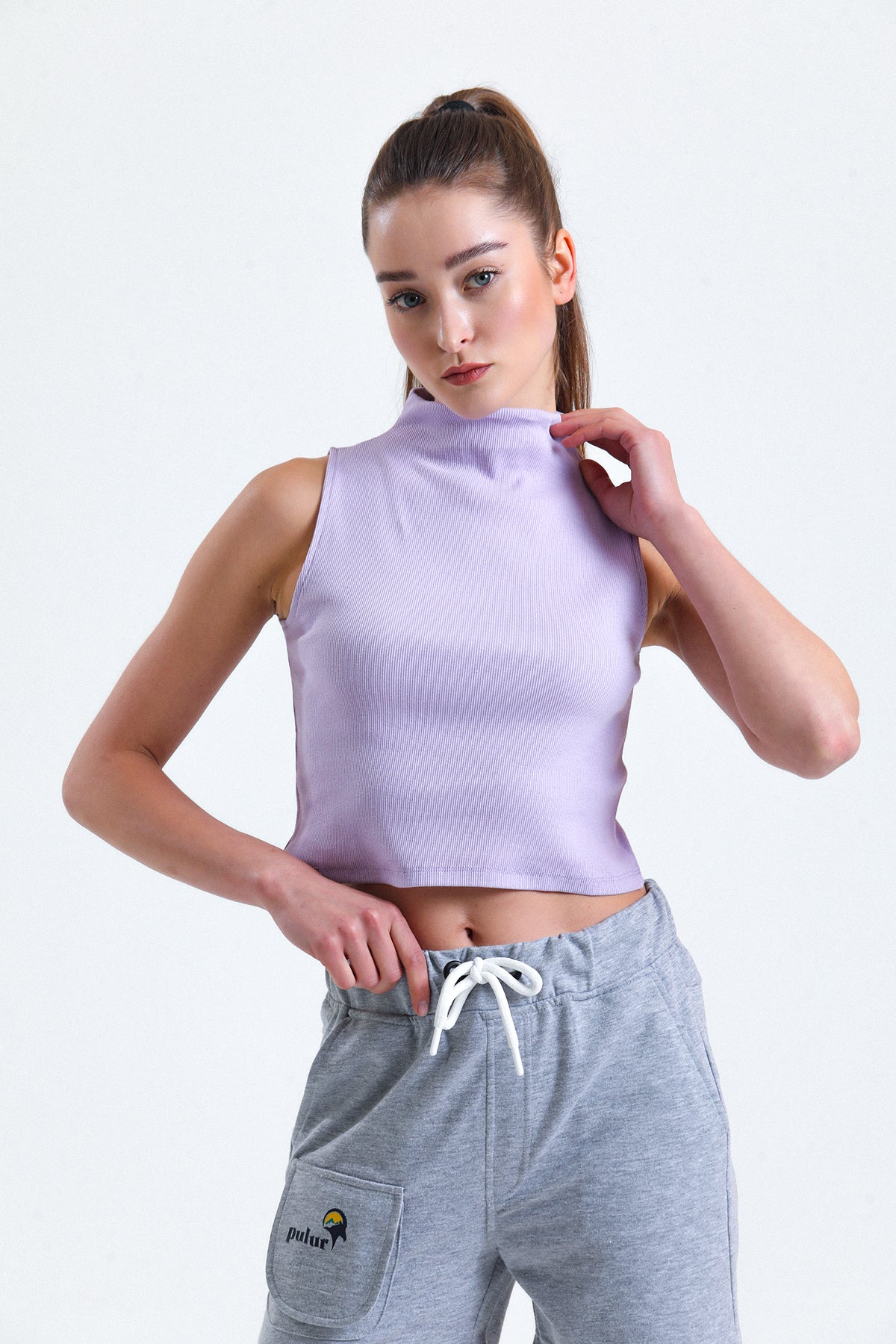 Lila Yarım Balıkçı Yaka Fitilli Crop Atlet