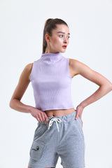 Lila Yarım Balıkçı Yaka Fitilli Crop Atlet