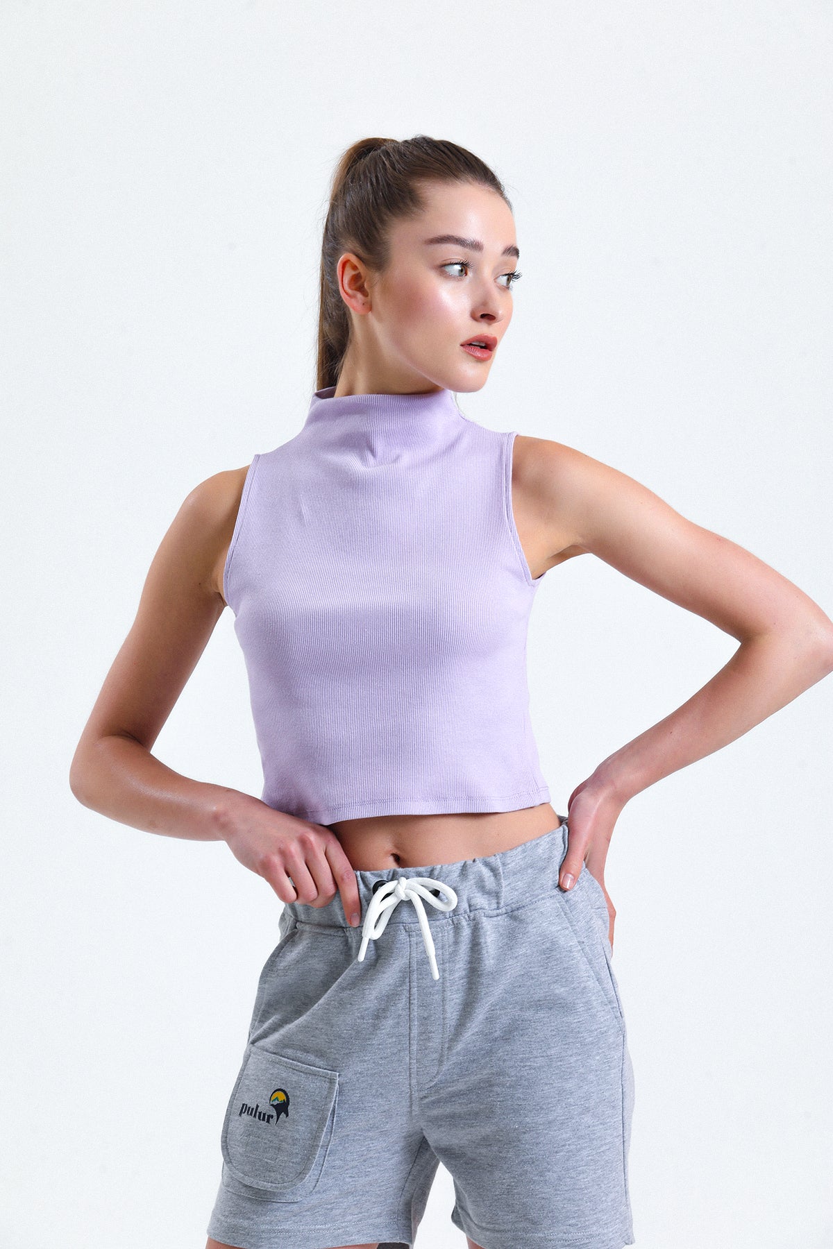 Lila Yarım Balıkçı Yaka Fitilli Crop Atlet