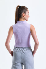 Lila Yarım Balıkçı Yaka Fitilli Crop Atlet