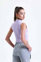 Lila Yarım Balıkçı Yaka Fitilli Crop Atlet
