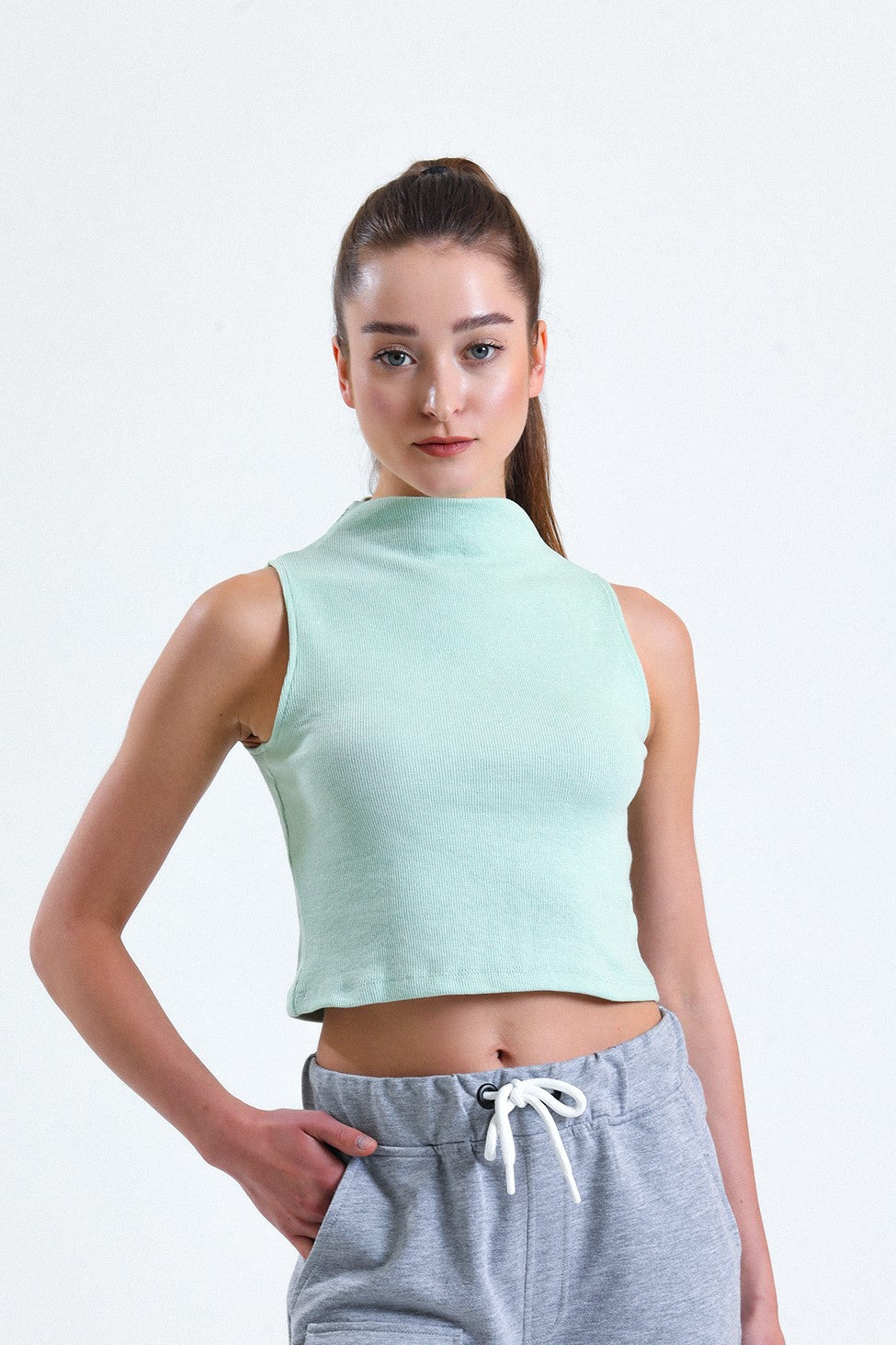 Su Yeşili Yarım Balıkçı Yaka Fitilli Crop Atlet