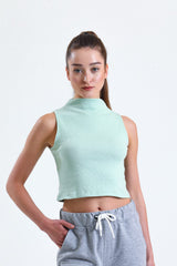 Su Yeşili Yarım Balıkçı Yaka Fitilli Crop Atlet
