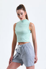 Su Yeşili Yarım Balıkçı Yaka Fitilli Crop Atlet
