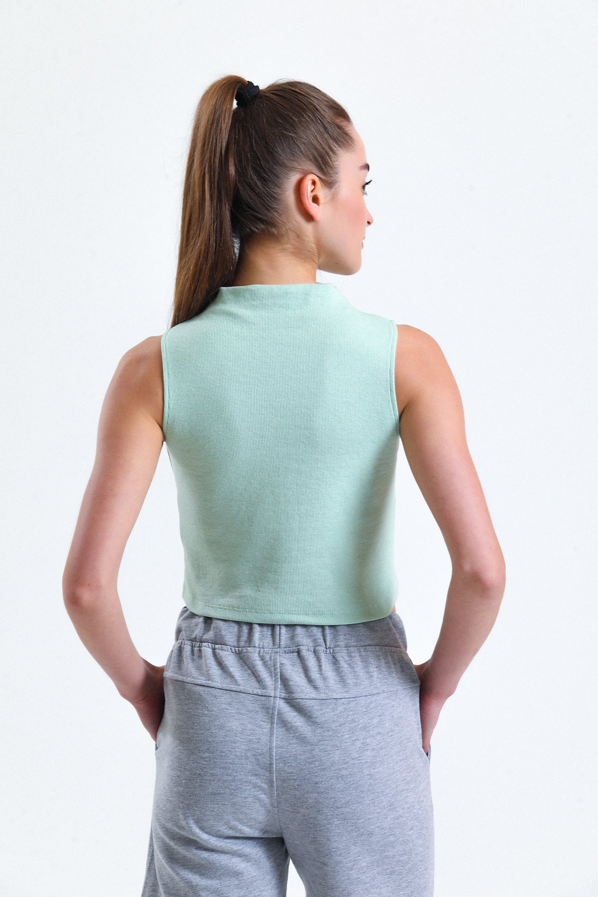 Su Yeşili Yarım Balıkçı Yaka Fitilli Crop Atlet