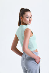 Su Yeşili Yarım Balıkçı Yaka Fitilli Crop Atlet