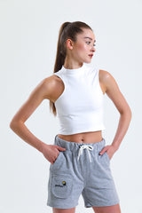 Beyaz Dik Yaka Kol Detaylı Pamuklu Crop Atlet