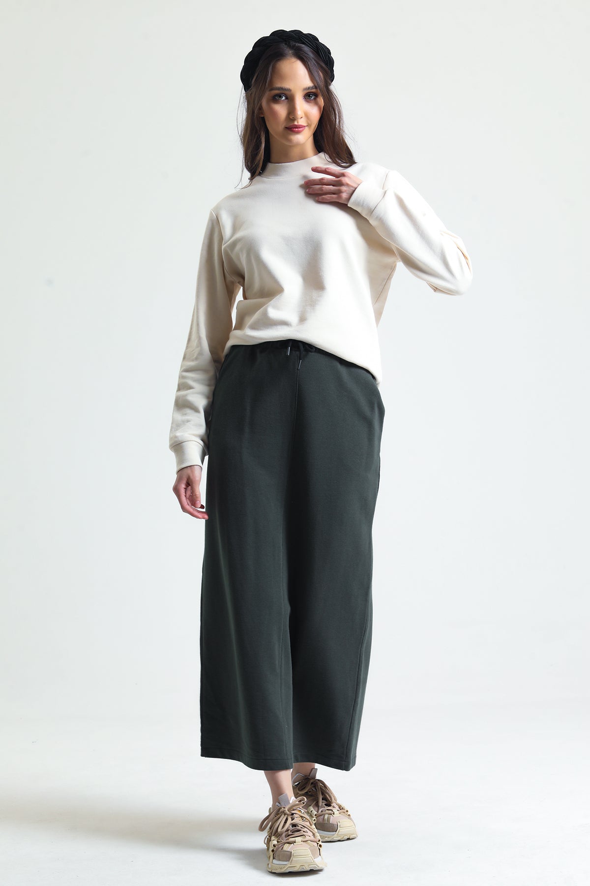 Haki Pamuklu Yırtmaçlı Midi Etek