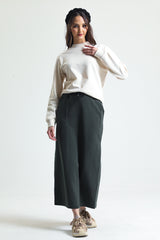 Haki Pamuklu Yırtmaçlı Midi Etek