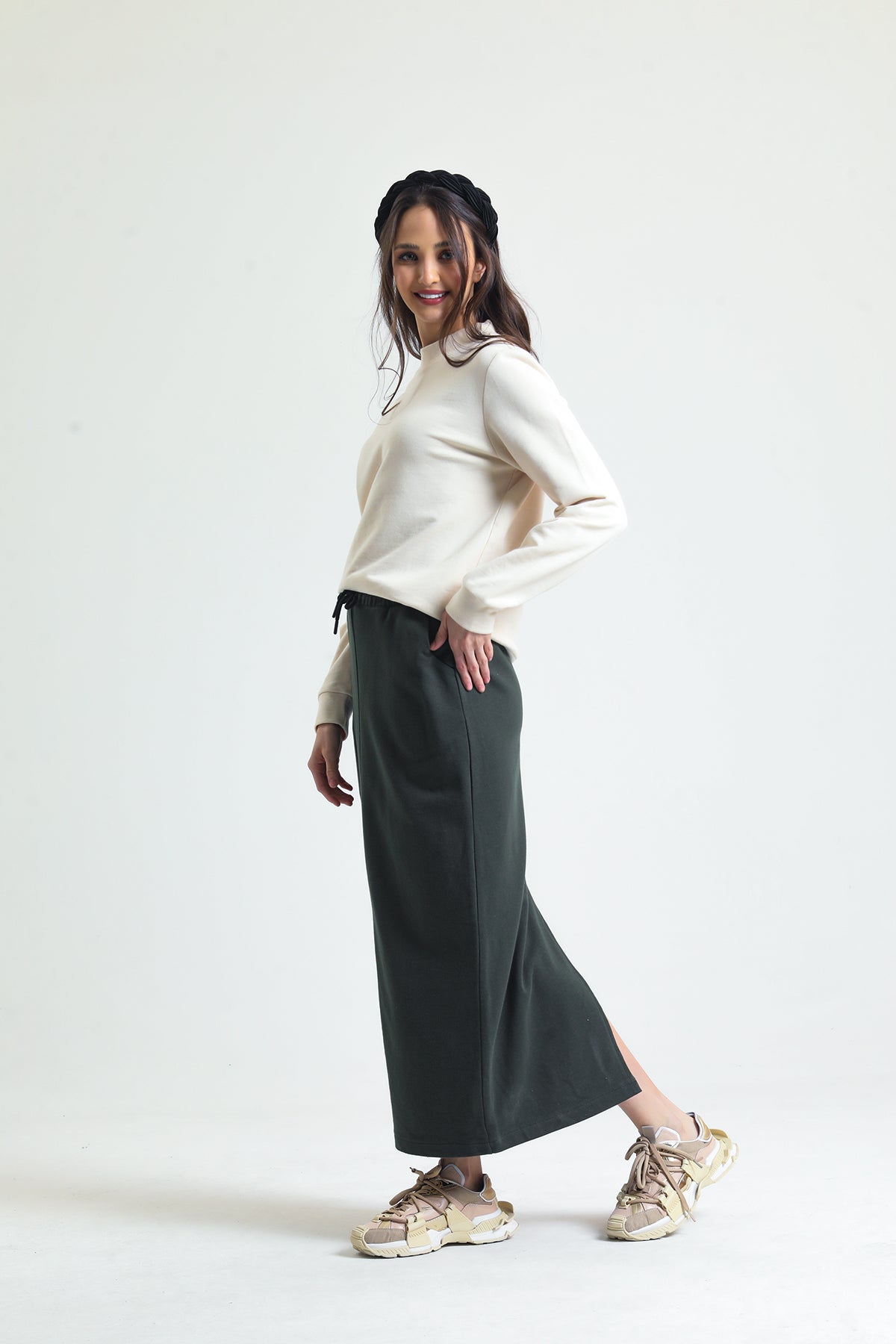 Haki Pamuklu Yırtmaçlı Midi Etek