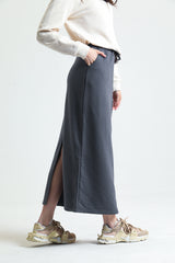 Antrasit Pamuklu Yırtmaçlı Midi Etek