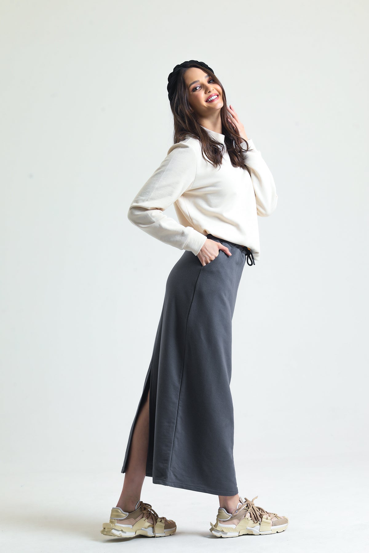 Antrasit Pamuklu Yırtmaçlı Midi Etek