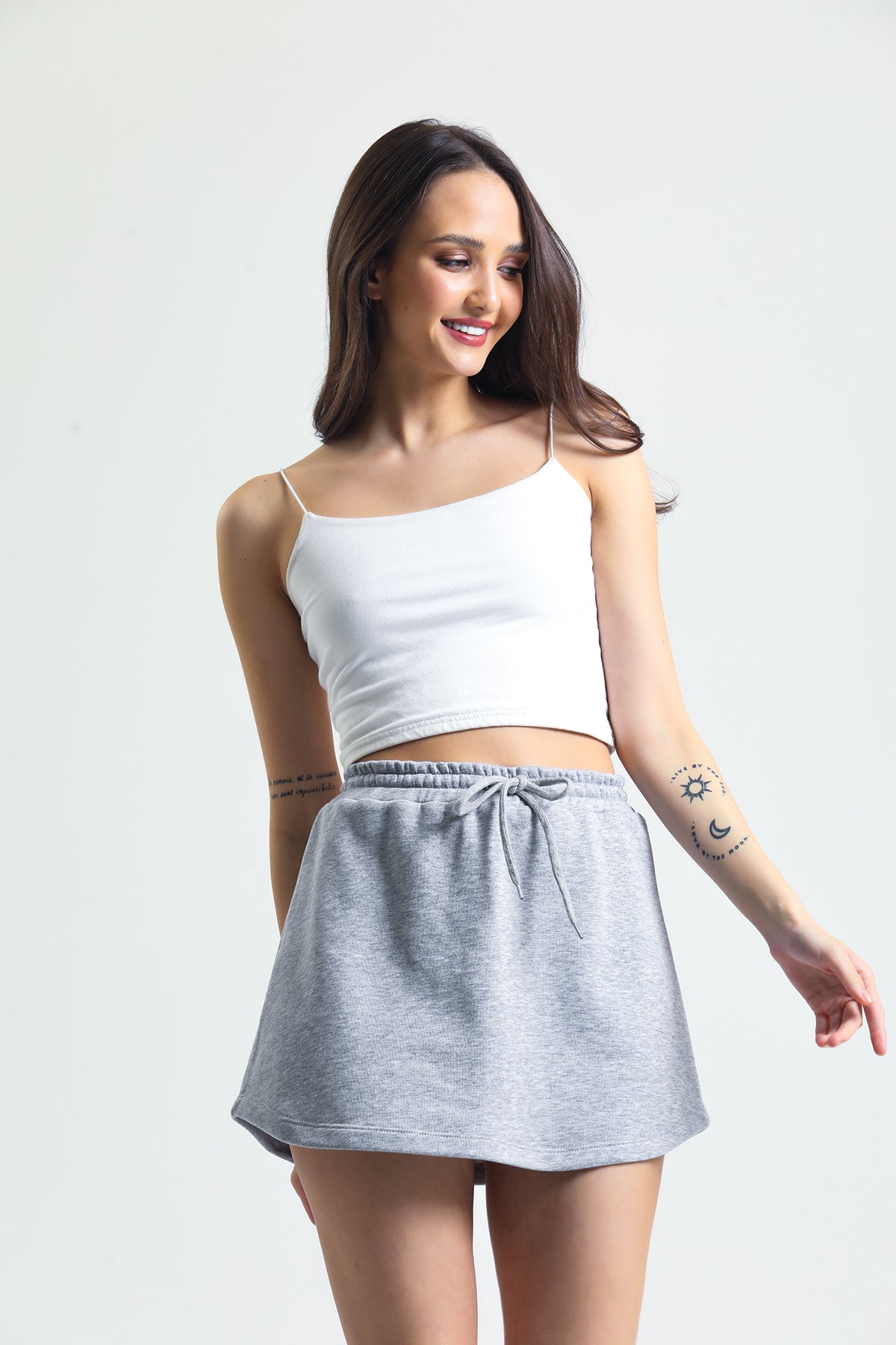 Gri Melanj Mini Spor Rahat Pamuklu Sweat Etek