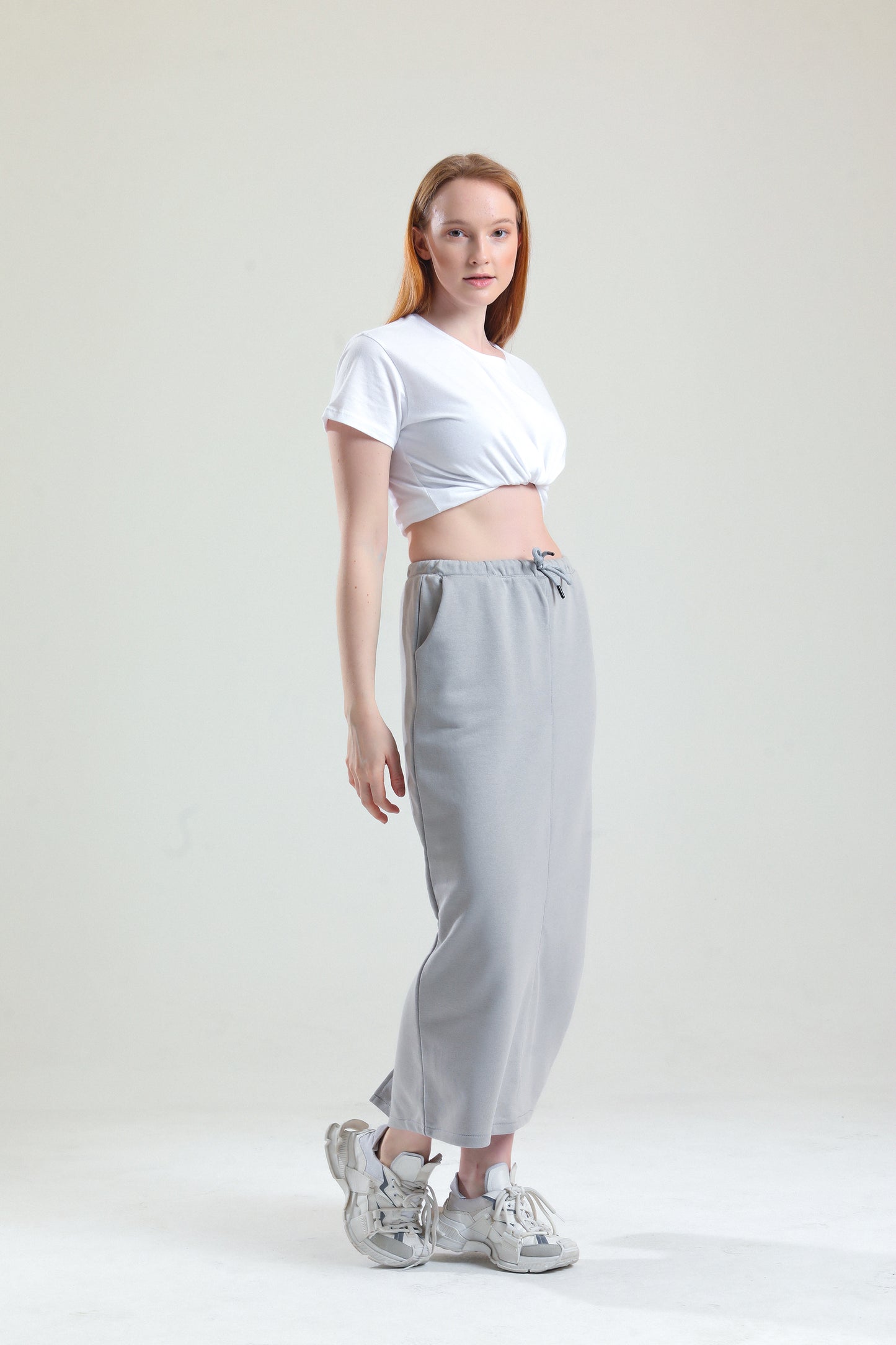 Gri Pamuklu Yırtmaçlı Midi Etek