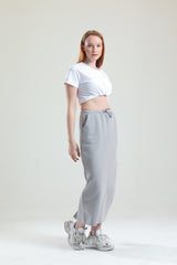 Gri Pamuklu Yırtmaçlı Midi Etek