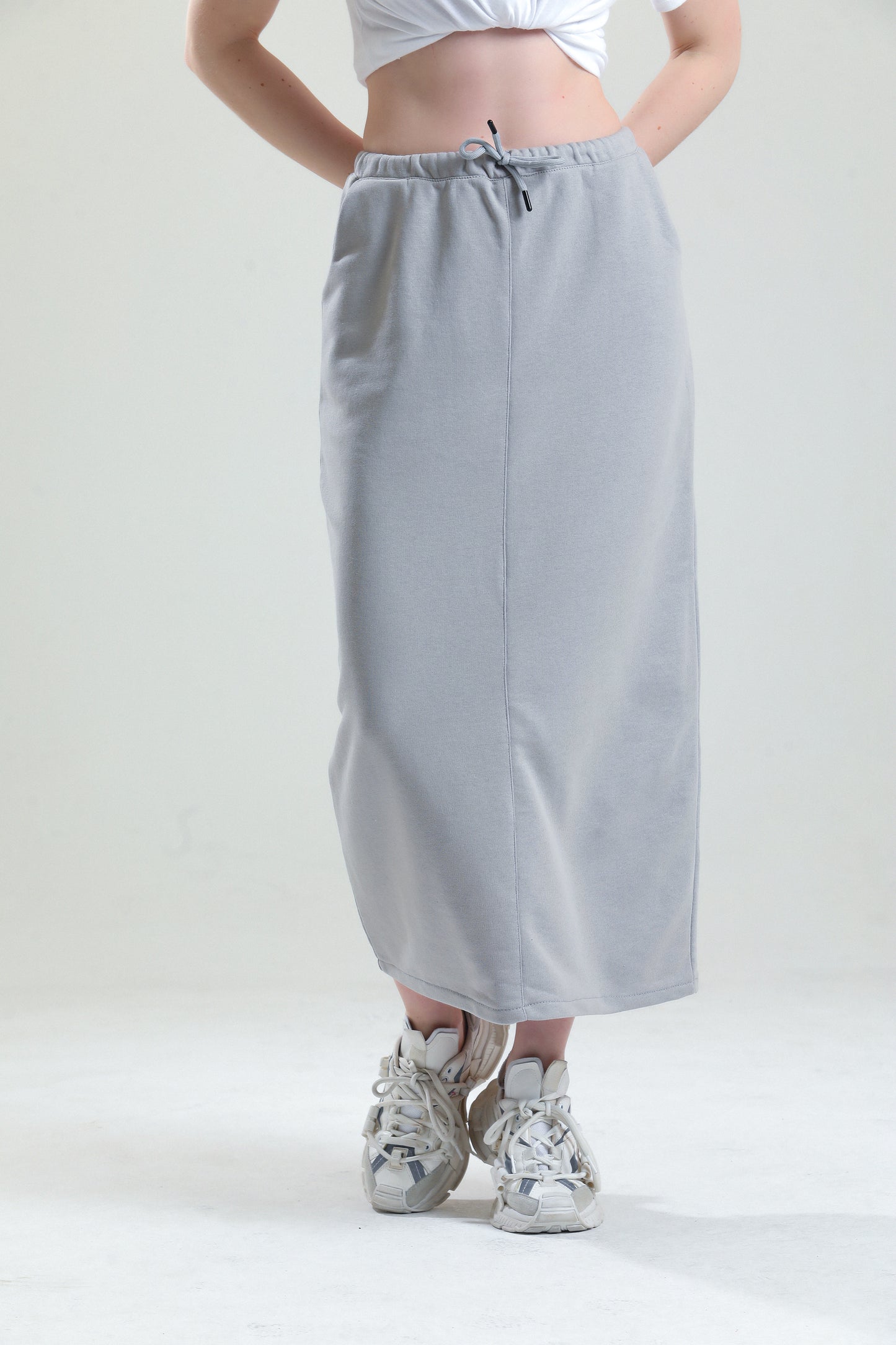 Gri Pamuklu Yırtmaçlı Midi Etek