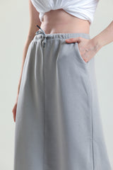 Gri Pamuklu Yırtmaçlı Midi Etek