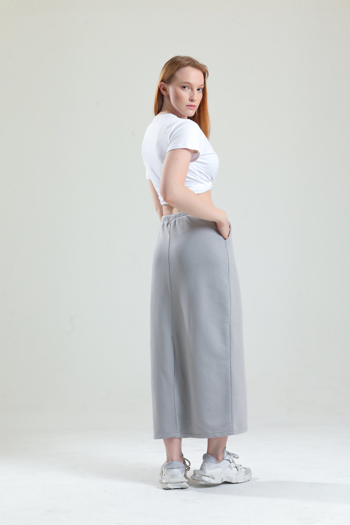 Gri Pamuklu Yırtmaçlı Midi Etek