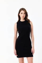 Siyah Bisiklet Yaka Kolsuz Pamuklu Fitilli Elbise