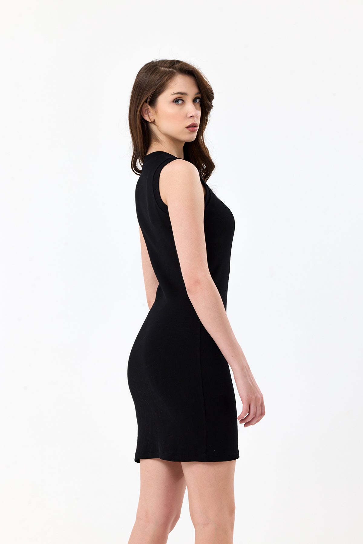 Siyah Bisiklet Yaka Kolsuz Pamuklu Fitilli Elbise