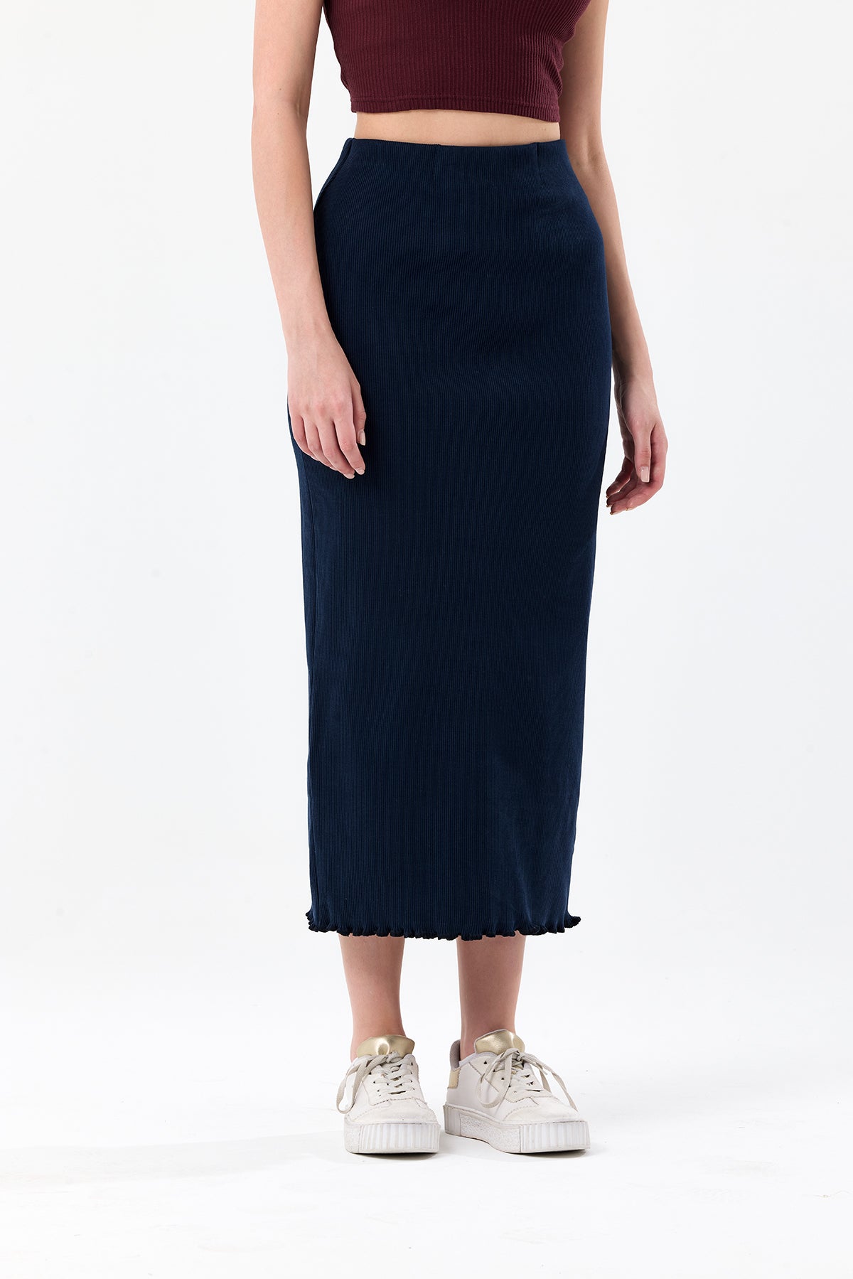 Lacivert Pamuklu Fitilli Kaşkorse Örme Uzun Kalem Etek