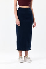 Lacivert Pamuklu Fitilli Kaşkorse Örme Uzun Kalem Etek