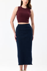 Lacivert Pamuklu Fitilli Kaşkorse Örme Uzun Kalem Etek