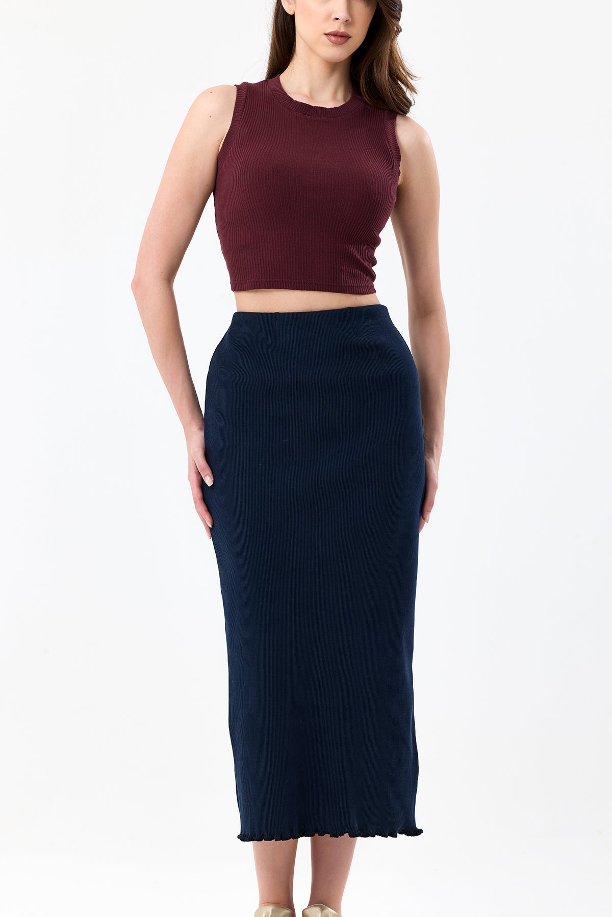 Lacivert Pamuklu Fitilli Kaşkorse Örme Uzun Kalem Etek