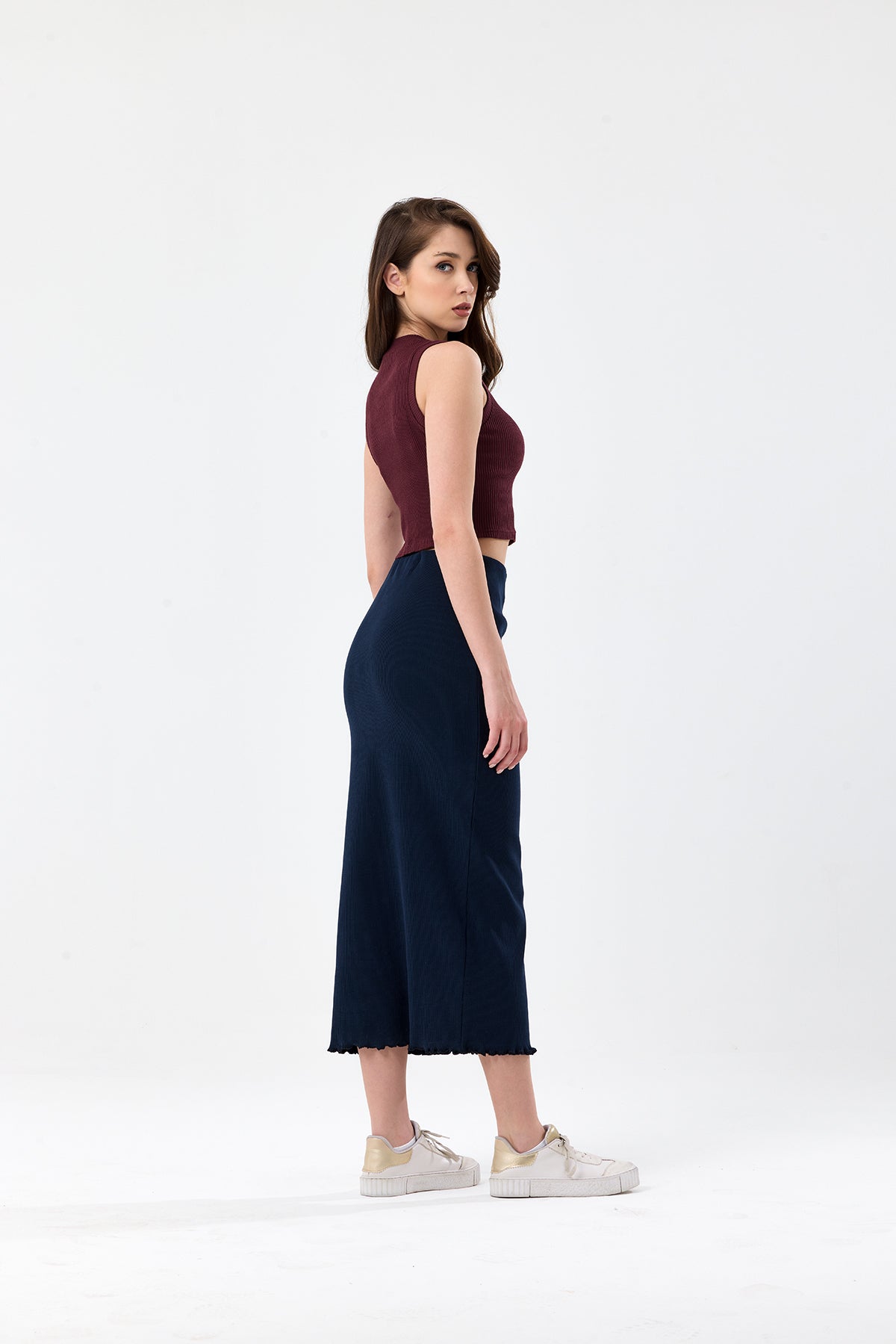 Bordo Bisiklet Yaka Fitilli Crop Atlet