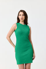 Yeşil Bisiklet Yaka Kolsuz Pamuklu Fitilli Elbise