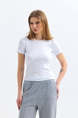 Beyaz Fitilli Kaşkorse Bisiklet Yaka Kısa Kollu Tişört