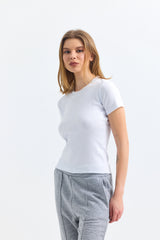 Beyaz Fitilli Kaşkorse Bisiklet Yaka Kısa Kollu Tişört