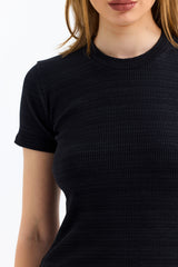 Siyah Fitilli Kaşkorse Bisiklet Yaka Kısa Kollu Tişört