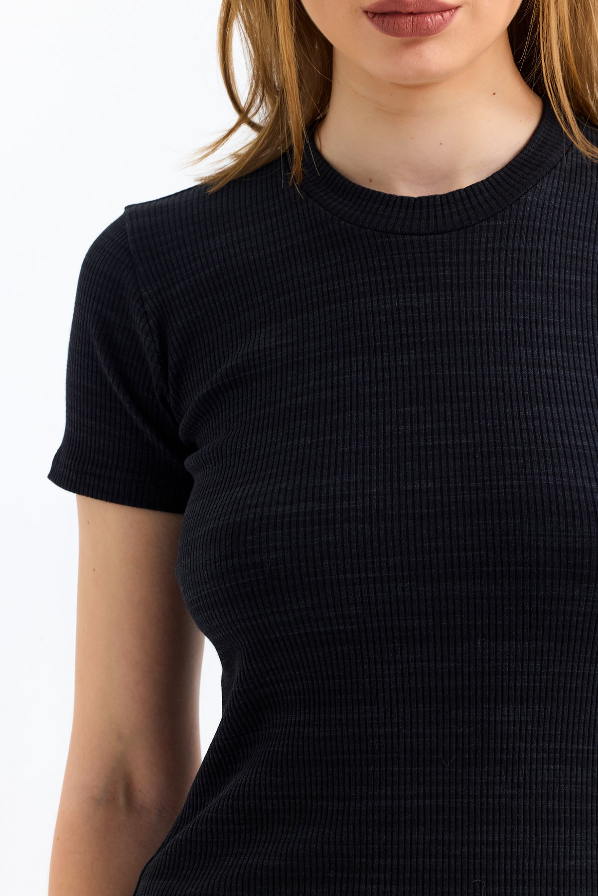 Siyah Fitilli Kaşkorse Bisiklet Yaka Kısa Kollu Tişört