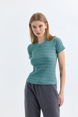 Çağla Fitilli Kaşkorse Bisiklet Yaka Kısa Kollu Tişört